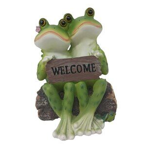 Romantic Frog Couple Sitting On Wooden Log Welcome Sign Figurine Collectible